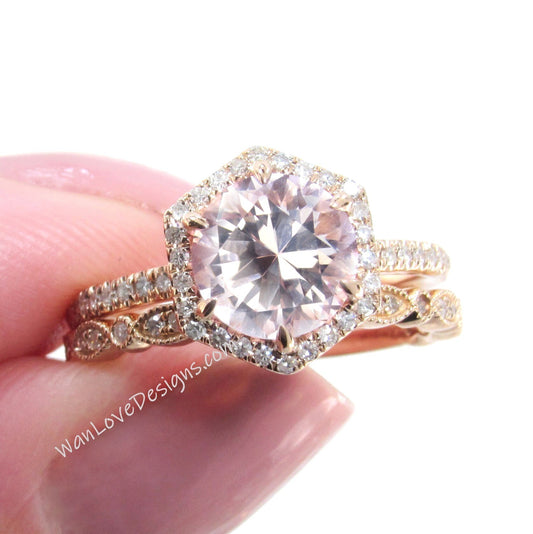 Vintage Peach Sapphire Engagement Ring Rose gold Women Diamond Hexagon Halo wedding set Vintage Bridal set Promise ring Anniversary ring