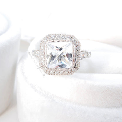 White Sapphire engagement ring gold vintage Art Deco Bezel Halo engagement ring women Antique diamond Wedding Milgrain Bridal Anniversary