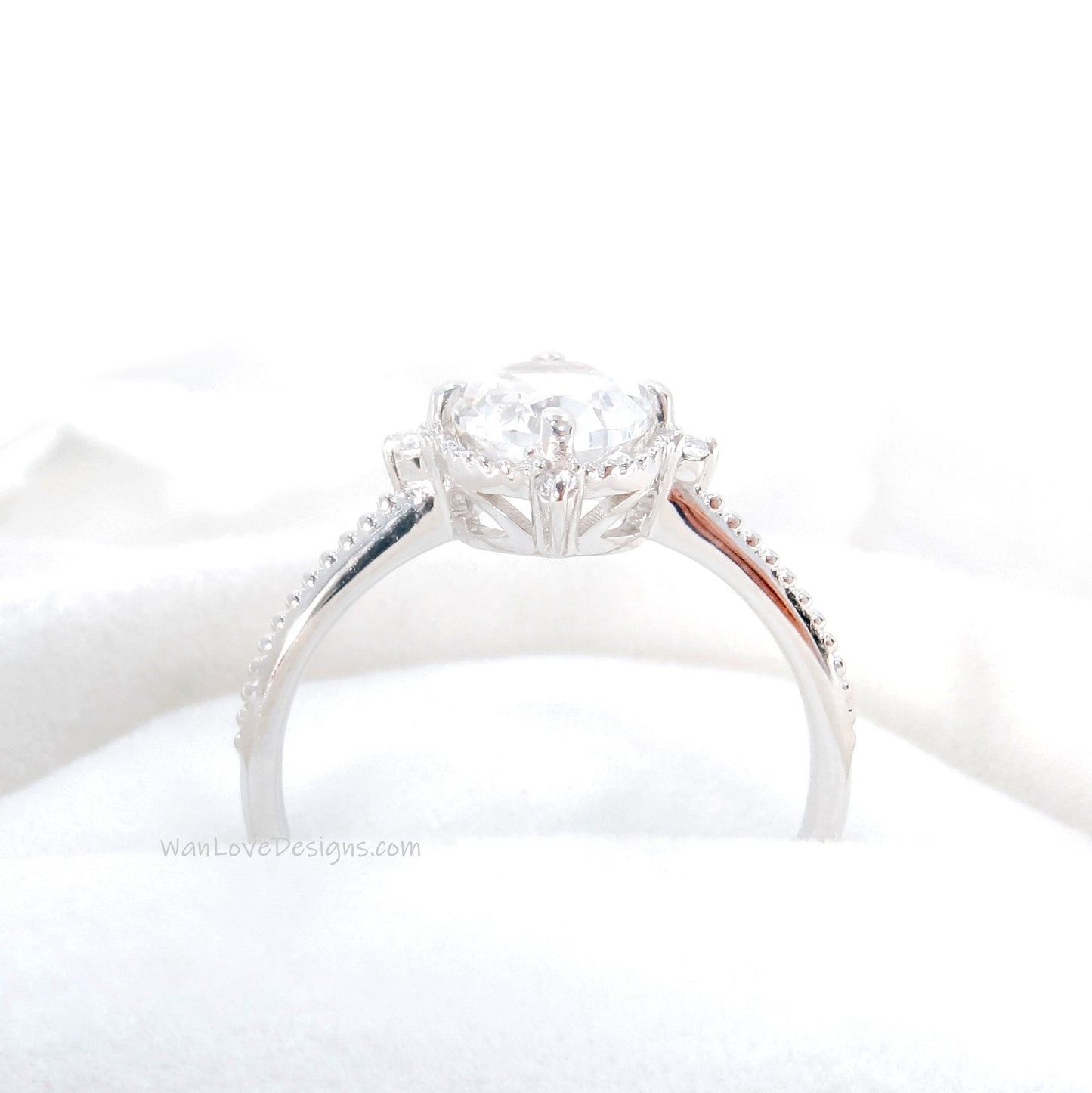 White Sapphire & Diamond Oval Milgrain Engagement Ring, 14k 18k White Yellow Rose Gold, Platinum,Custom,Wedding,North Star, WanLoveDesigns
