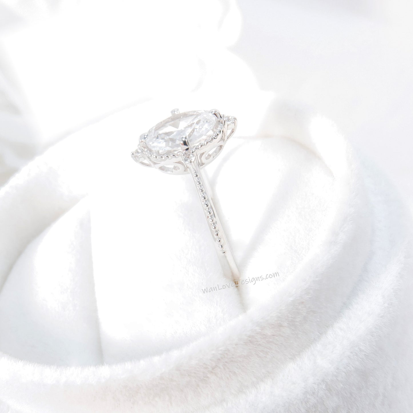 White Sapphire & Diamond Oval Milgrain Engagement Ring, 14k 18k White Yellow Rose Gold, Platinum,Custom,Wedding,North Star, WanLoveDesigns