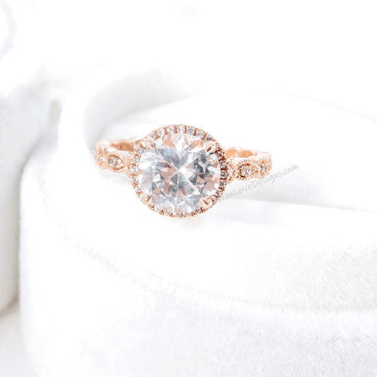 White Sapphire Scalloped Engagement Ring in Rose Gold, Sapphire Milgrain Vintage Bridal Ring, 8mm Round Halo Sapphire Ring, Ready to Ship