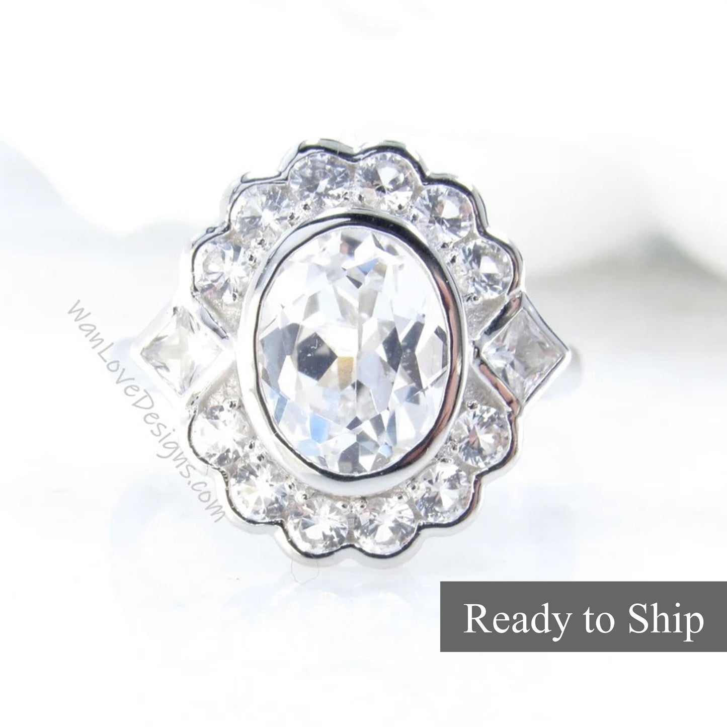 White Sapphire Oval Semi Bezel Cluster Princess Round Halo Engagement Ring 3ct 9x7mm Custom Wedding Jewelry, Ready to Ship