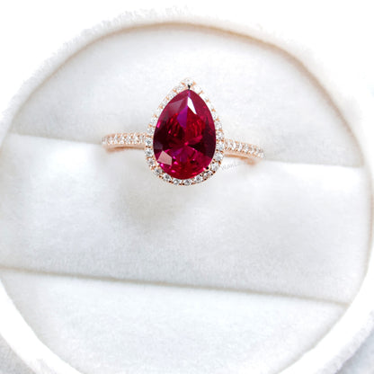 Vintage Pear shaped Ruby Engagement Ring, Pear Cut Unique 14k Rose Gold Diamond Halo Ring, Wedding Ring Anniversary Ring Proposal Ring.