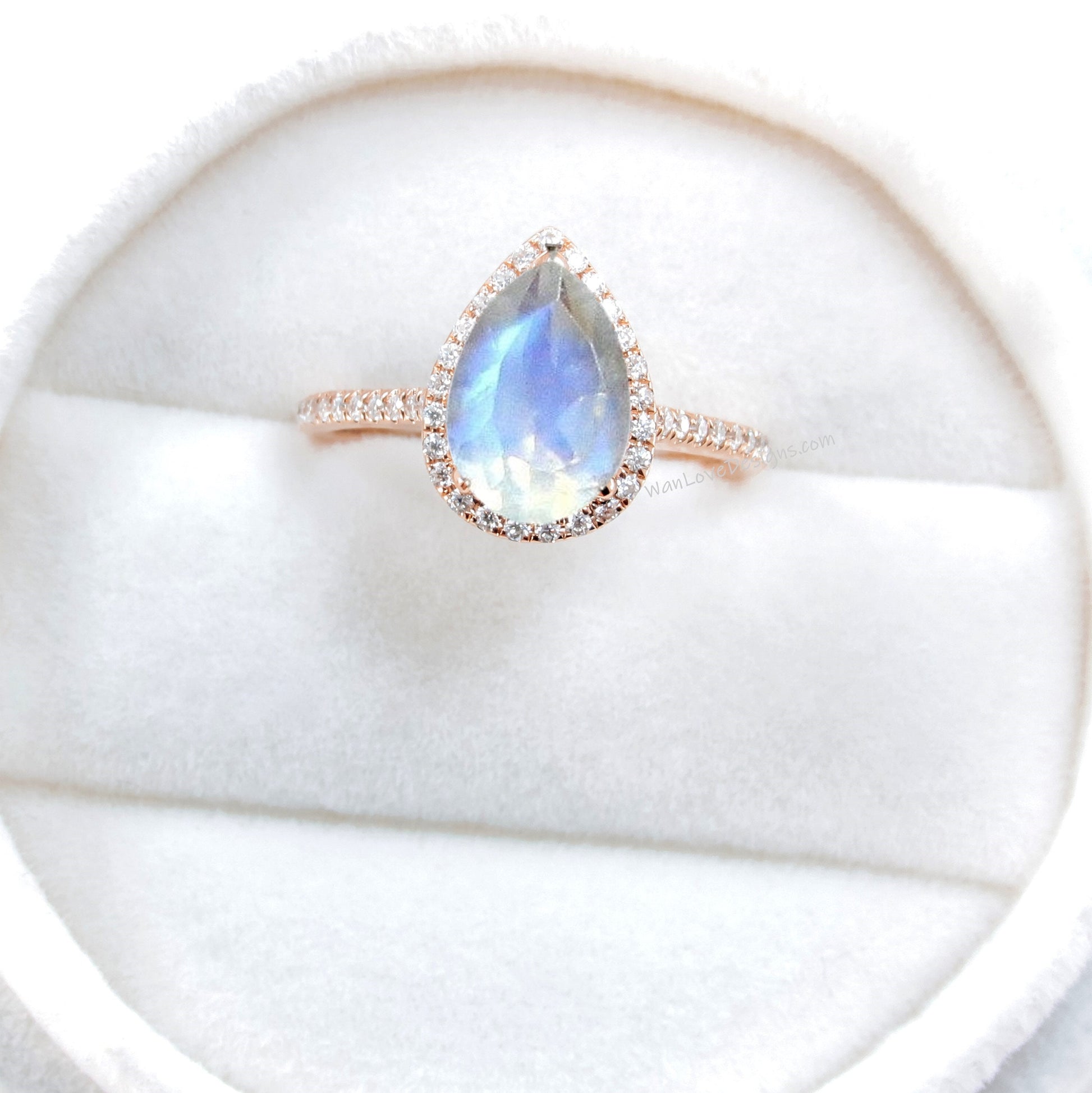 Vintage Pear shaped Moonstone Engagement Ring, Pear Cut Unique 14k Rose Gold Diamond Halo Ring, Wedding Ring Anniversary Ring Proposal Ring.