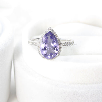 Vintage Pear shaped Lavender Amethyst Engagement Ring, Pear Cut 14k Rose Gold Diamond Halo Ring, Wedding Ring Anniversary Ring Proposal Ring