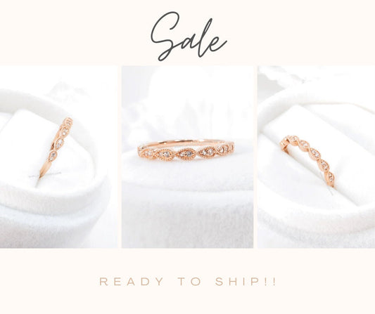 vintage Rose gold wedding band women white sapphire ring Antique Bridal milgrain pear Matching band Stacking Anniversary Promise Ready Ship