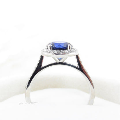 Vintage engagement ring Blue Sapphire ring white gold round diamond ring milgrain halo art deco ring wedding Anniversary ring bridal ring