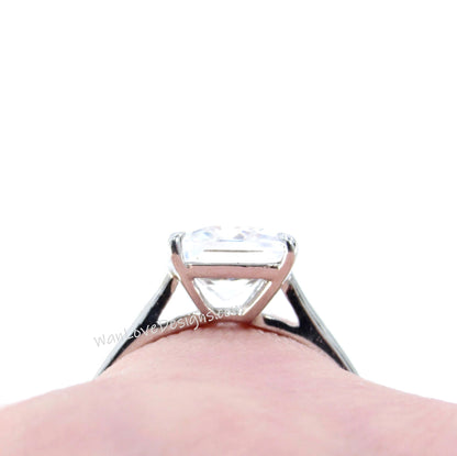 White Sapphire Solitaire Emerald Engagement Ring-4ct Carat-10x8mm-925 Silver w Rhodium-Custom-Wedding-Anniversary-Ready to Ship