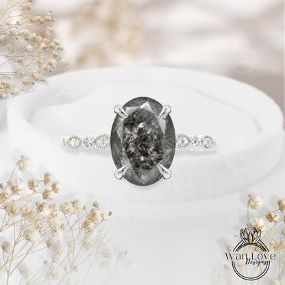 Vintage Oval cut Salt & Pepper Diamond engagement ring Rose gold ring Art deco Milgrain antique wedding Bridal Anniversary ring promise ring