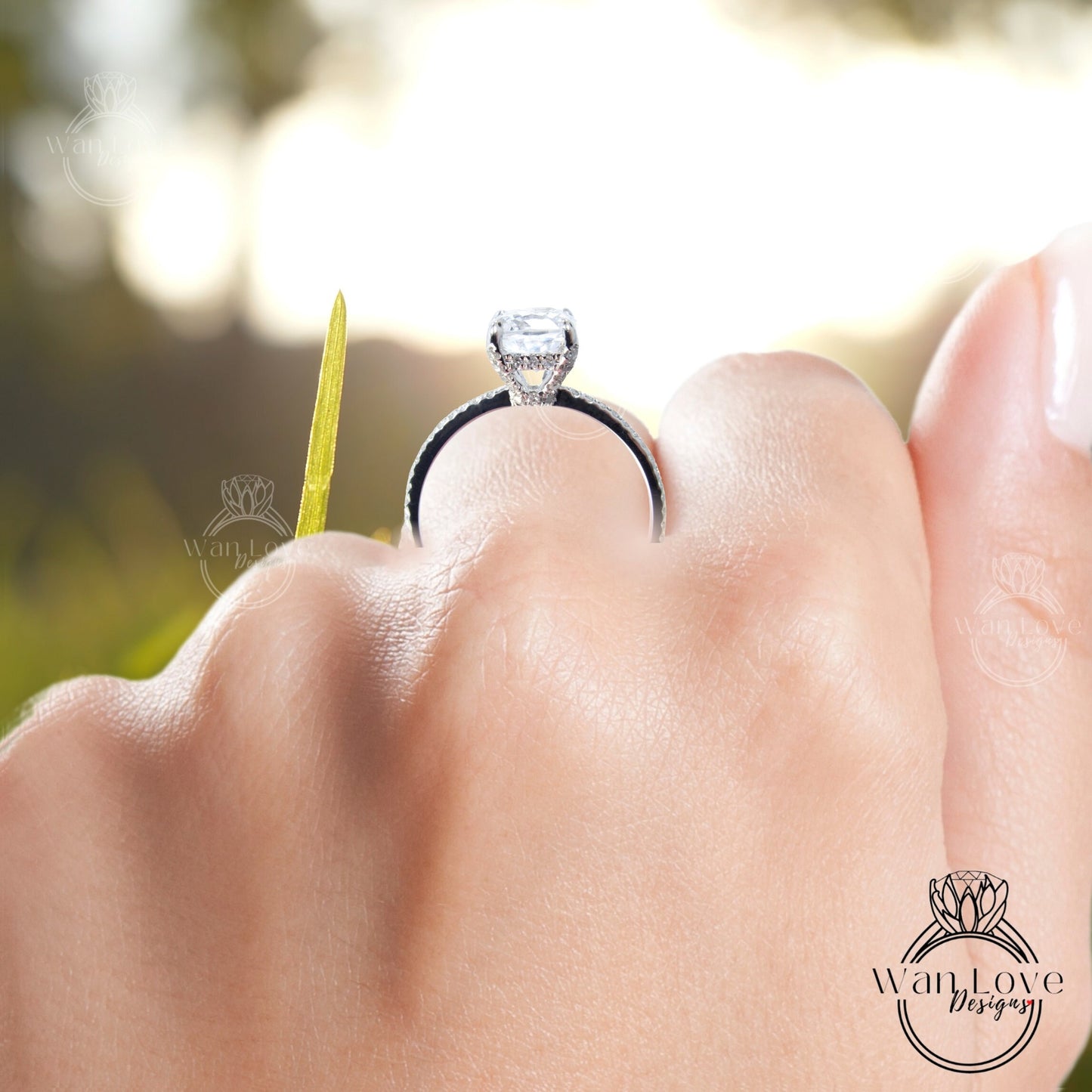 White Sapphire Diamond Side Halo Engagement Ring,Elongated Cushion side Halo Ring, Diamond prongs basket ring,Custom,WanLoveDesigns