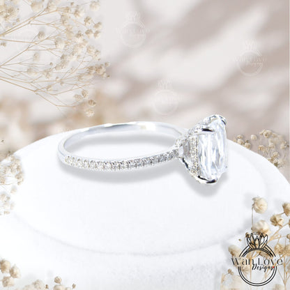 White Sapphire Diamond Side Halo Engagement Ring,Elongated Cushion side Halo Ring, Diamond prongs basket ring,Custom,WanLoveDesigns