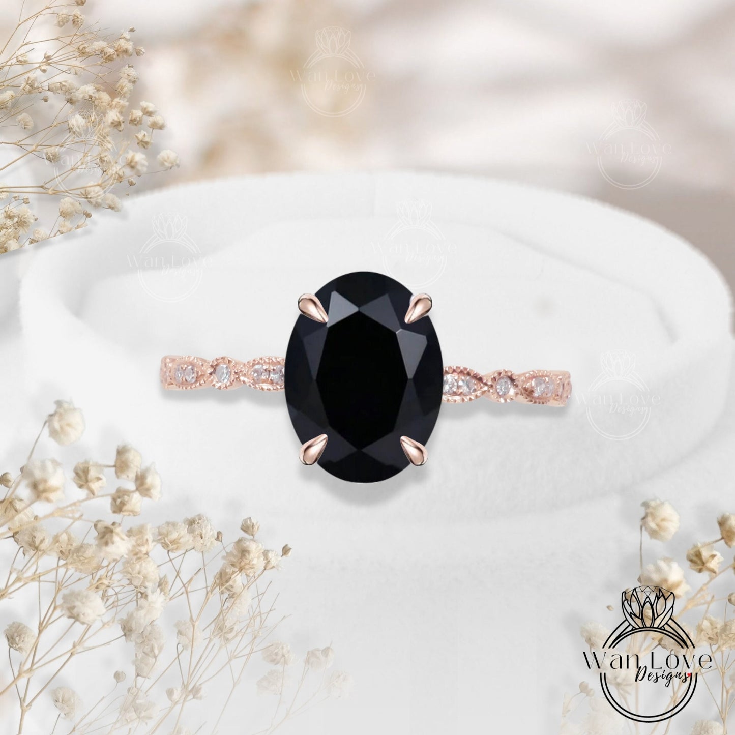 Vintage Oval cut Black Spinel engagement ring Rose gold ring Art deco Diamond Milgrain antique wedding Bridal Anniversary ring promise ring