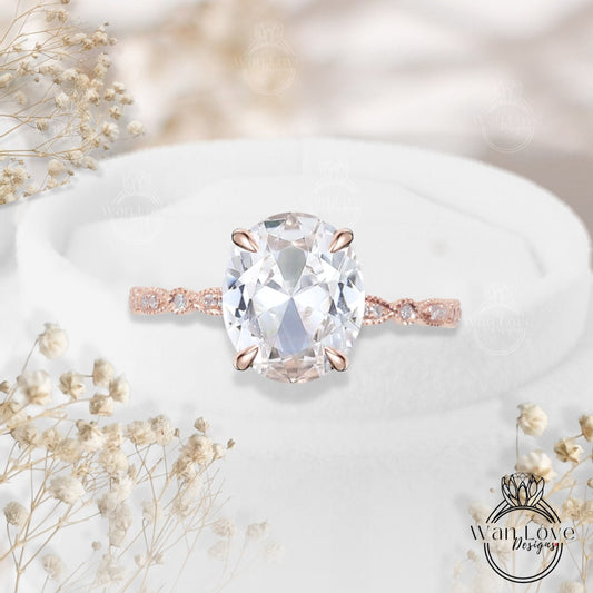 Vintage Oval cut White Sapphire engagement ring Rose gold ring Art deco Diamond Milgrain antique wedding Bridal Anniversary promise ring