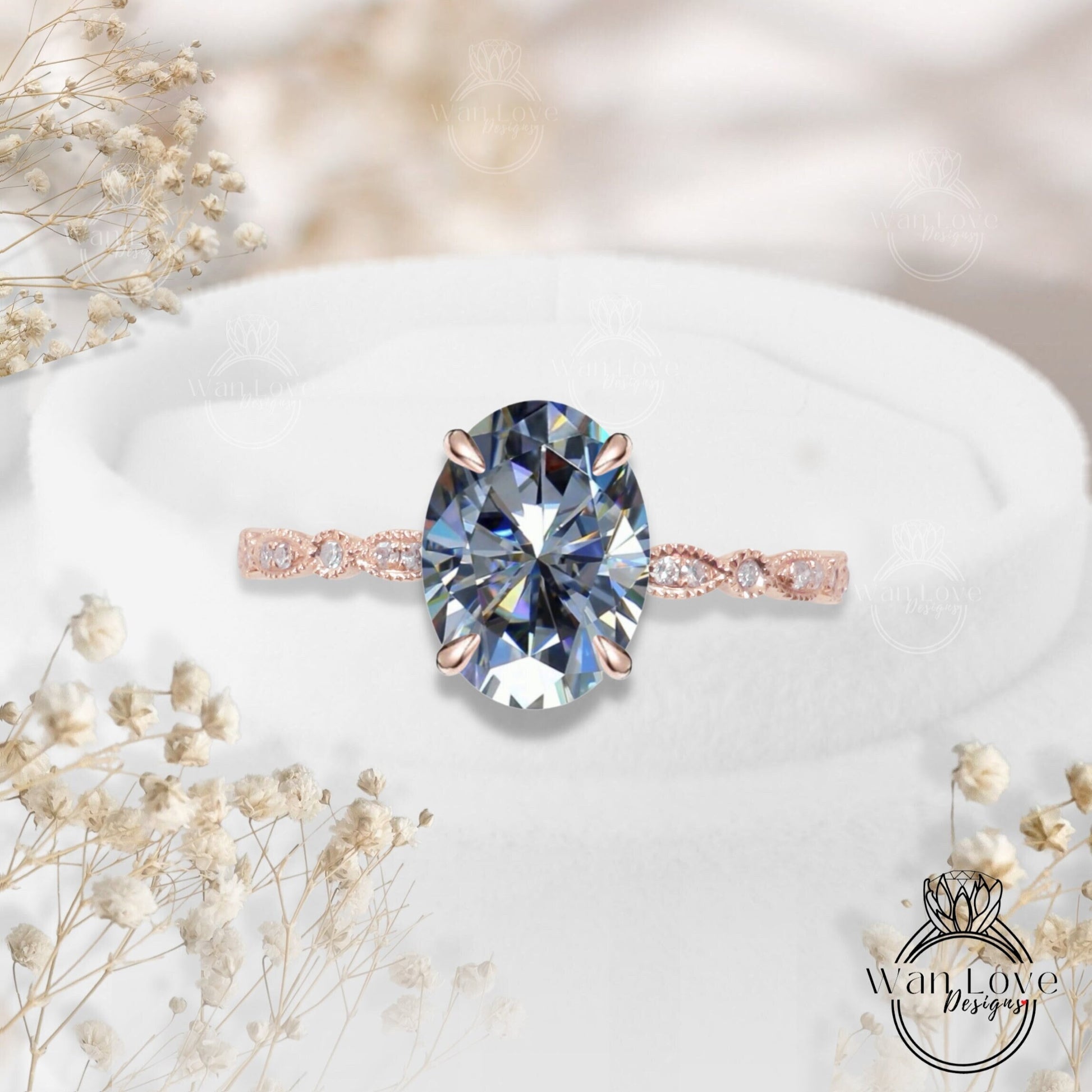 Vintage Grey Moissanite & Diamonds Engagement Wedding Rings, Art deco milgrain 14K 18K Rose Gold Oval moissanite diamond halo bridal ring