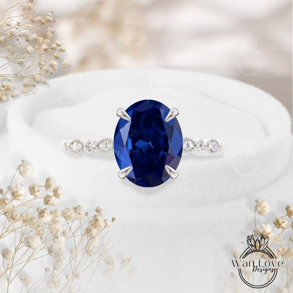 Vintage Oval cut Blue Sapphire engagement ring Rose gold ring Art deco Diamond Milgrain antique wedding Bridal Anniversary promise ring
