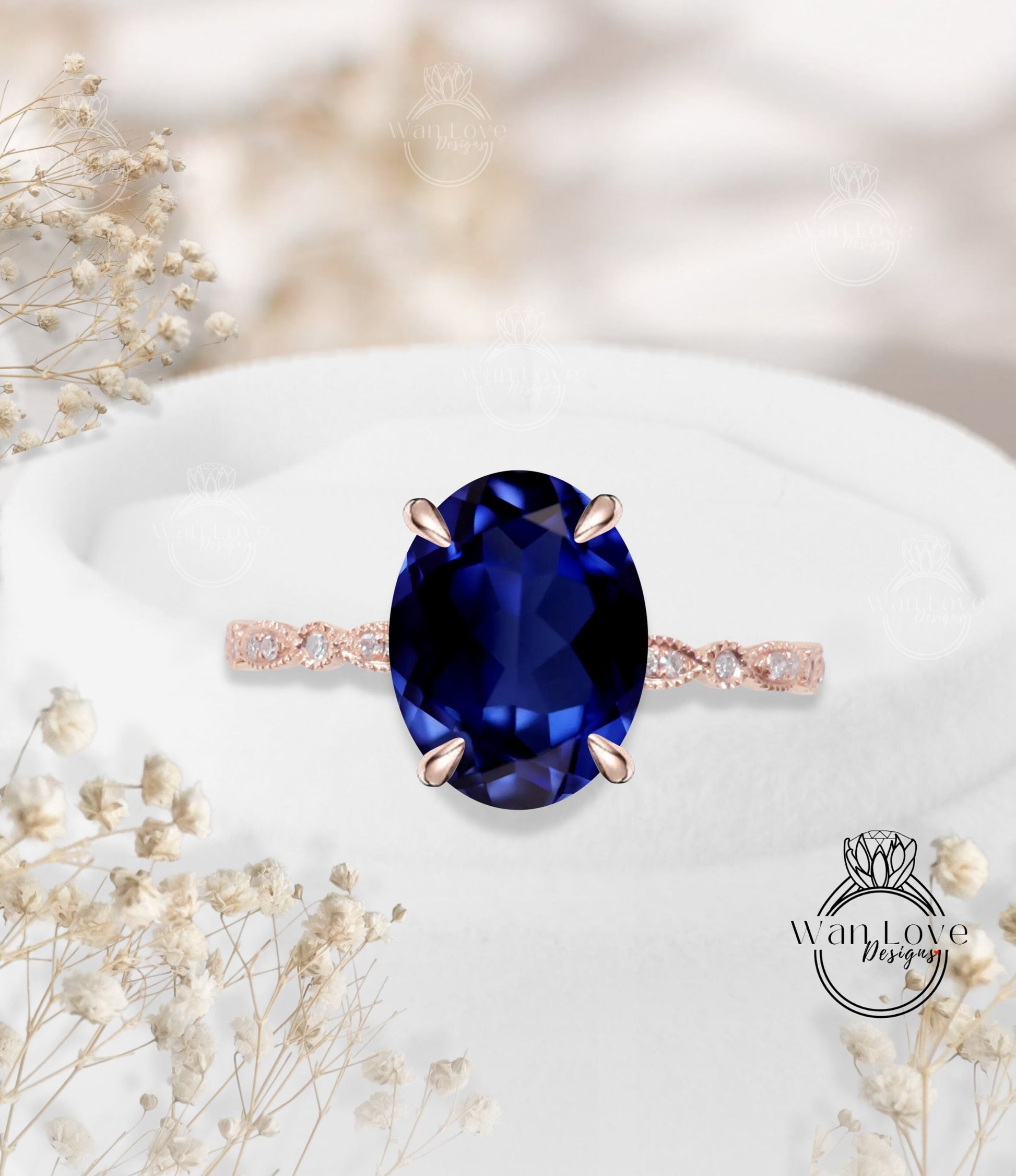 Vintage Oval cut Blue Sapphire engagement ring Rose gold ring Art deco Diamond Milgrain antique wedding Bridal Anniversary promise ring