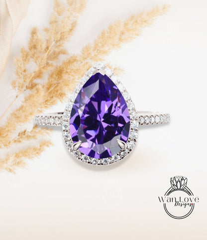Vintage Pear shaped Purple Alexandrite Sapphire Engagement Ring, Pear Cut 14k Rose Gold Diamond Halo Ring, Wedding Anniversary Proposal Ring