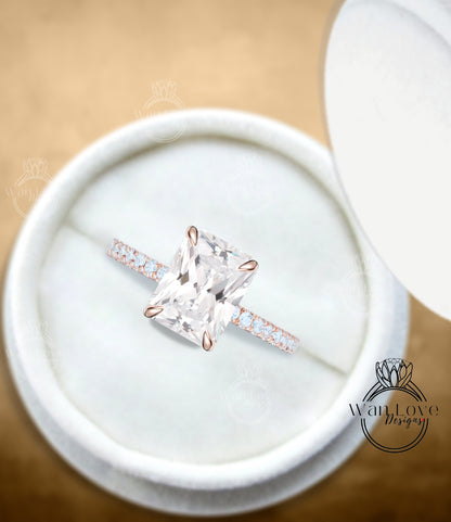 White Sapphire Engagement Ring Rose gold Emerald cut engagement ring half eternity diamond side halo wedding Bridal ring promise Anniversary