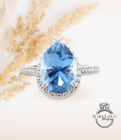 Vintage Pear shaped Aquamarine Spinel Engagement Ring, Pear Cut 14k Rose Gold Diamond Halo Ring, Wedding Ring Anniversary Ring Proposal Ring