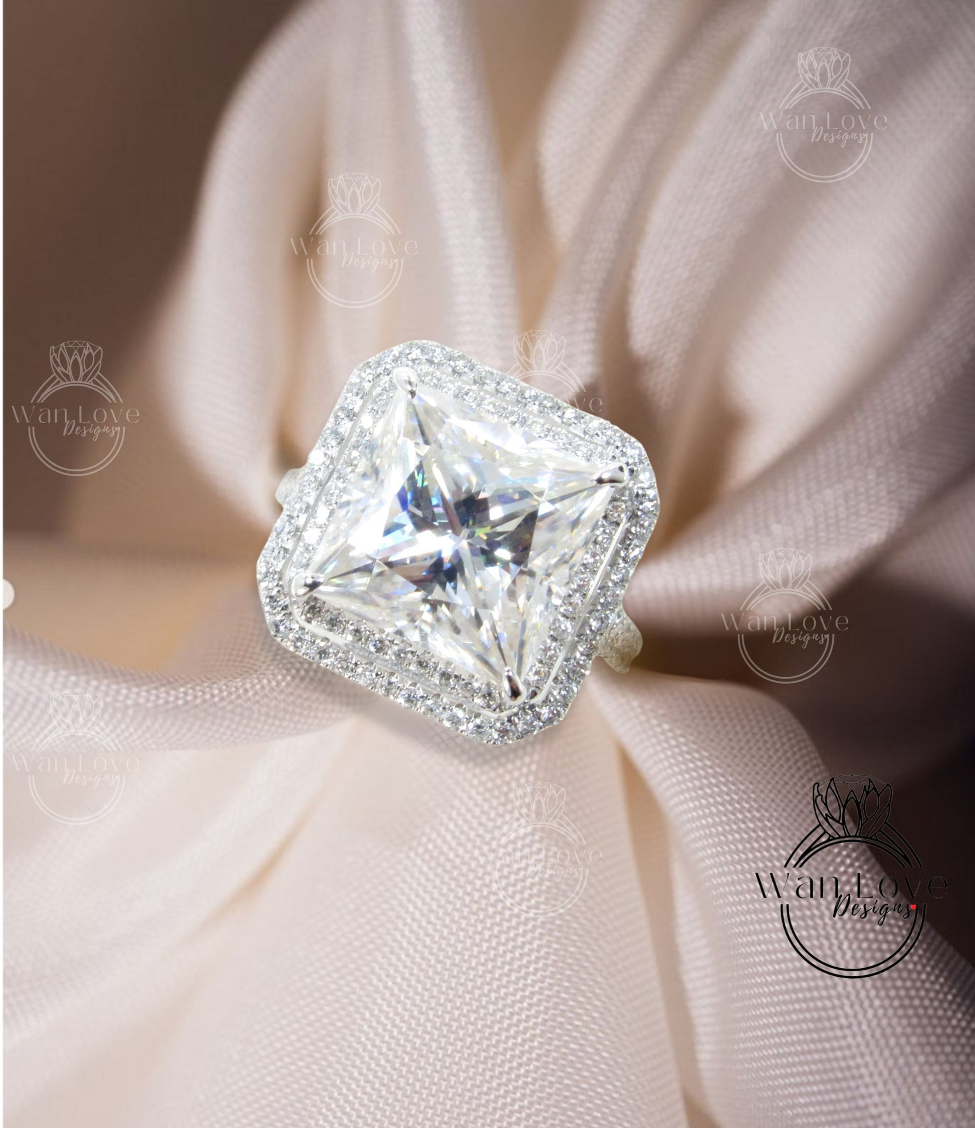 Vintage Princess shape moissanite engagement ring gold Unique double halo bridal ring art deco pave split shank half eternity wedding ring