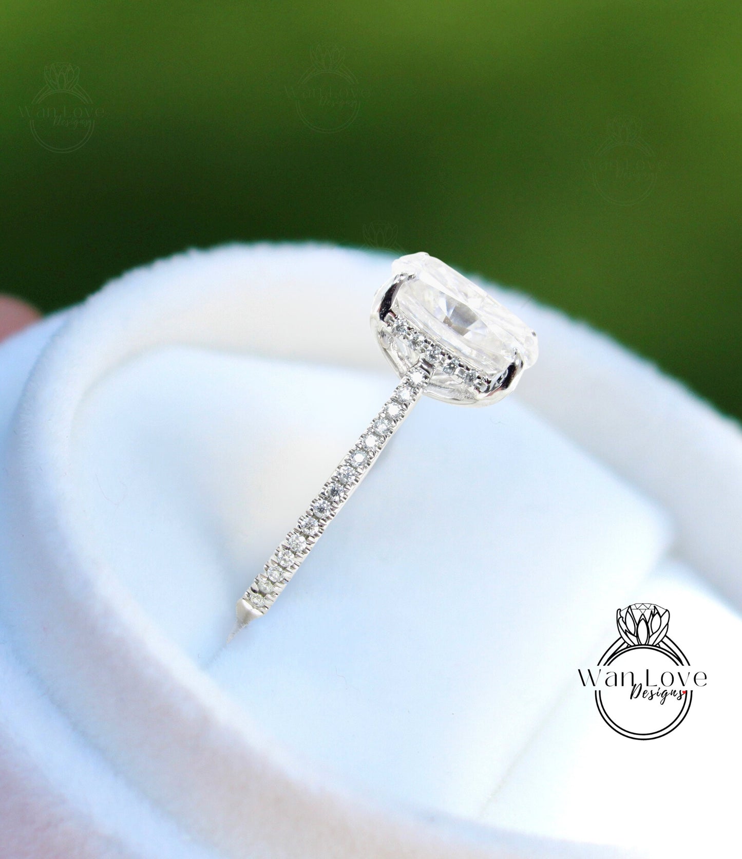 Vintage engagement ring Elongated Cushion cut Moissanite hidden halo ring white gold almost eternity band bridal ring Promise Anniversary