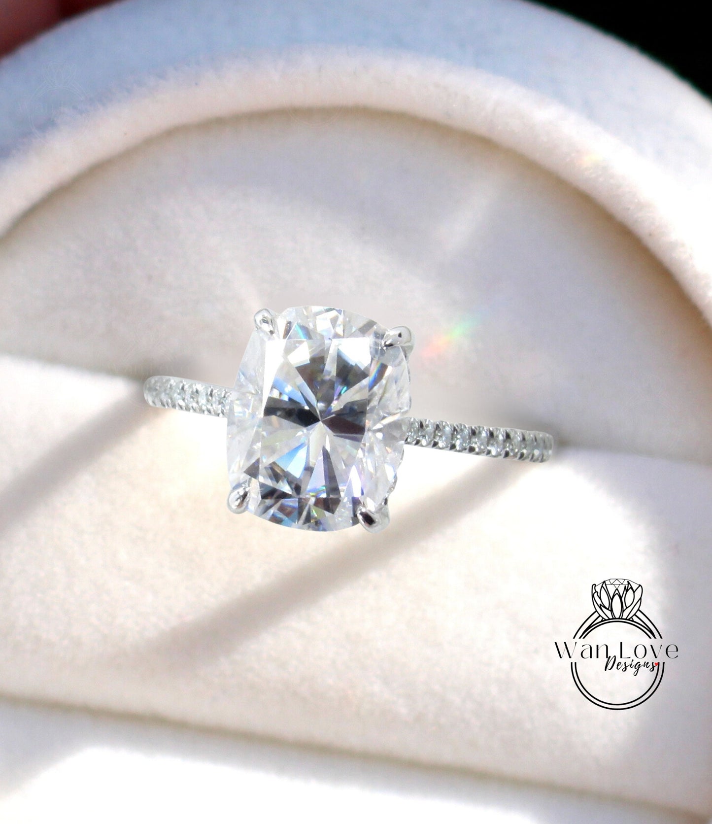 Vintage engagement ring Elongated Cushion cut Moissanite hidden halo ring white gold almost eternity band bridal ring Promise Anniversary