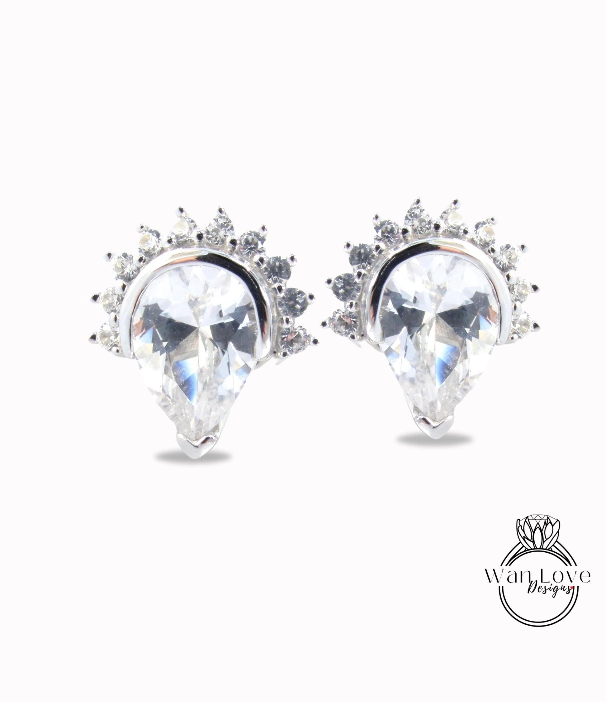 White Sapphire Semi Bezel Pear Crown Half Halo Stud Earrings vintage wedding jewelry white gold art deco earrings pear stud anniversary gift