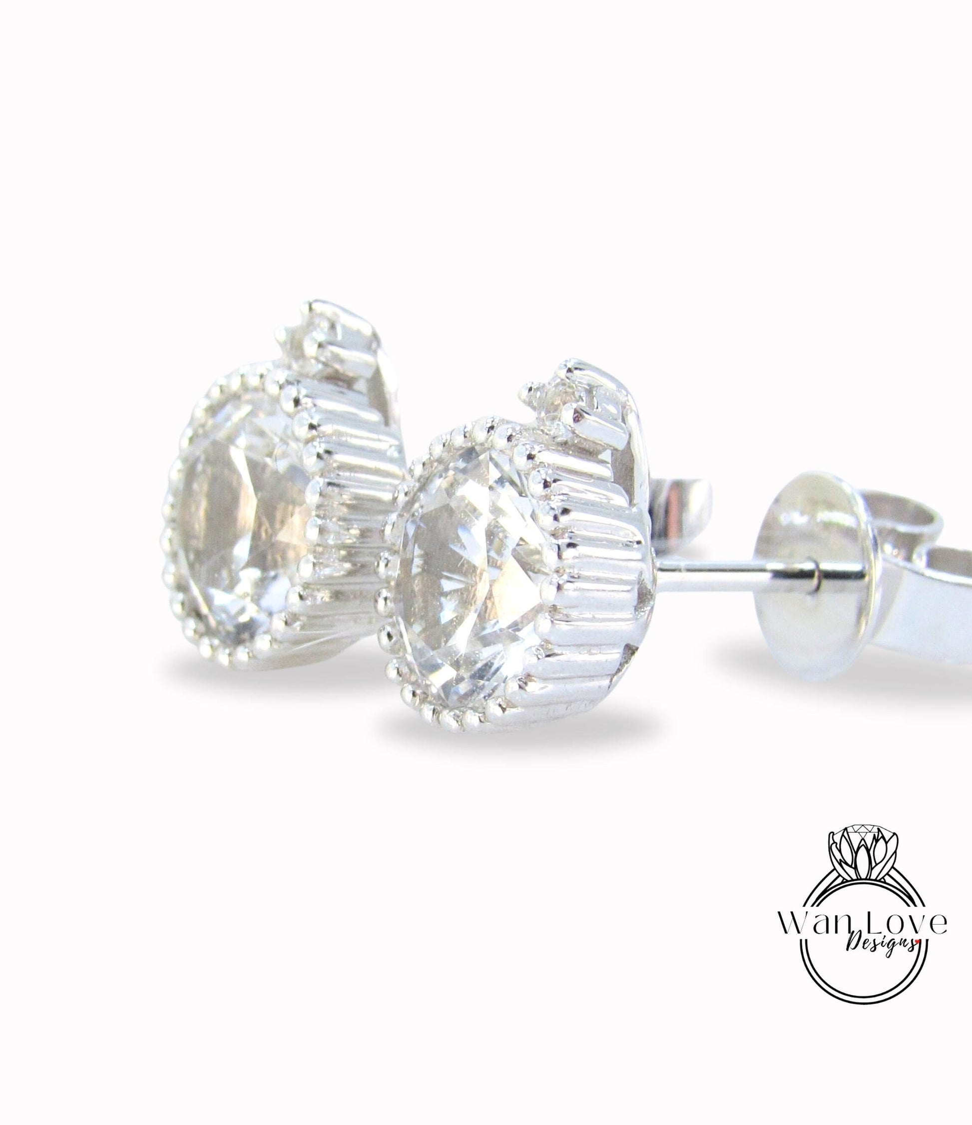 White Sapphire Earrings Milgrain Bezel Set Studs Push back Round cut 1ct each 2cttw 6mm White gold Custom Anniversary Gift Ready to Ship