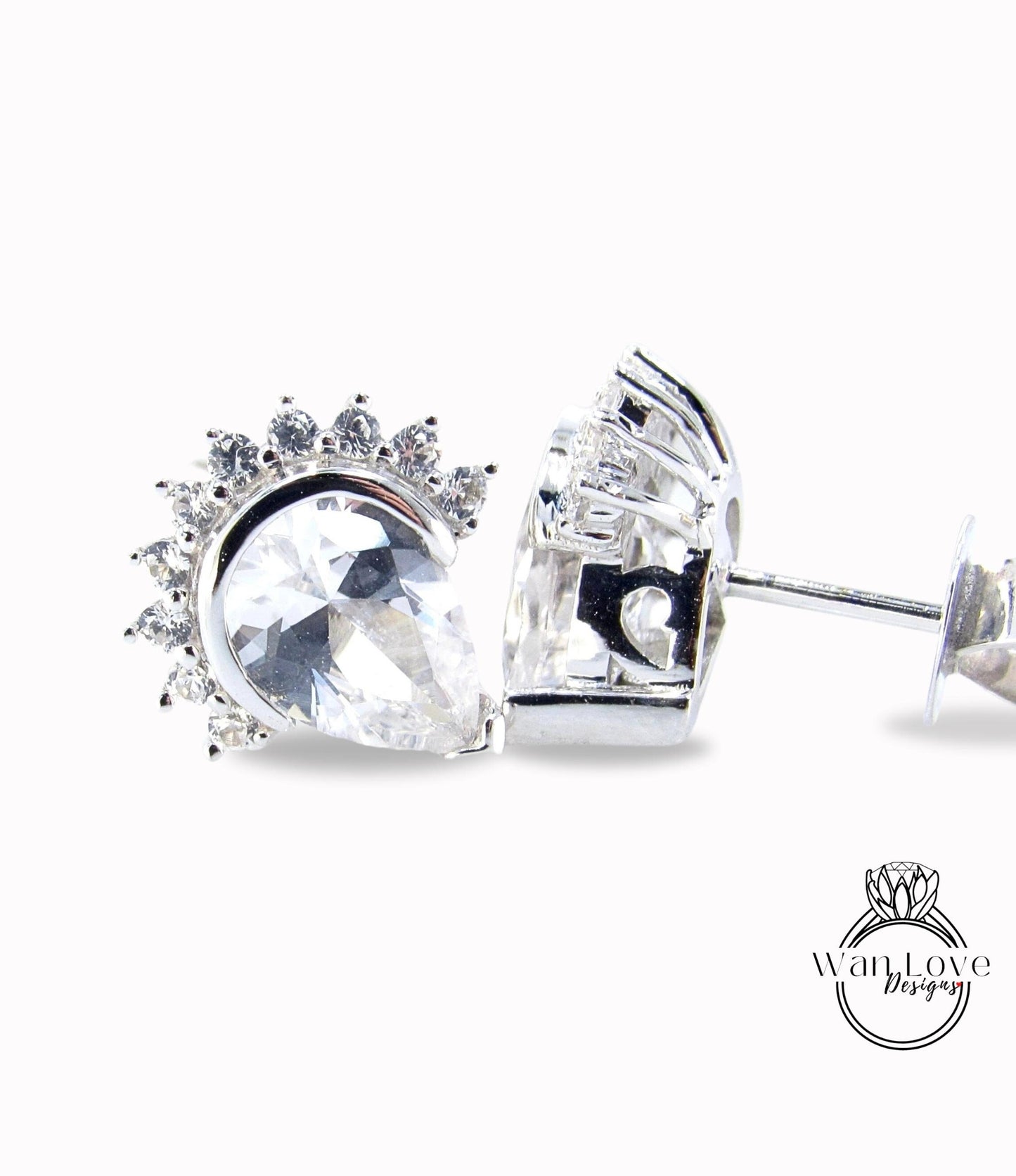 White Sapphire Semi Bezel Pear Crown Half Halo Stud Earrings vintage wedding jewelry white gold art deco earrings pear stud anniversary gift