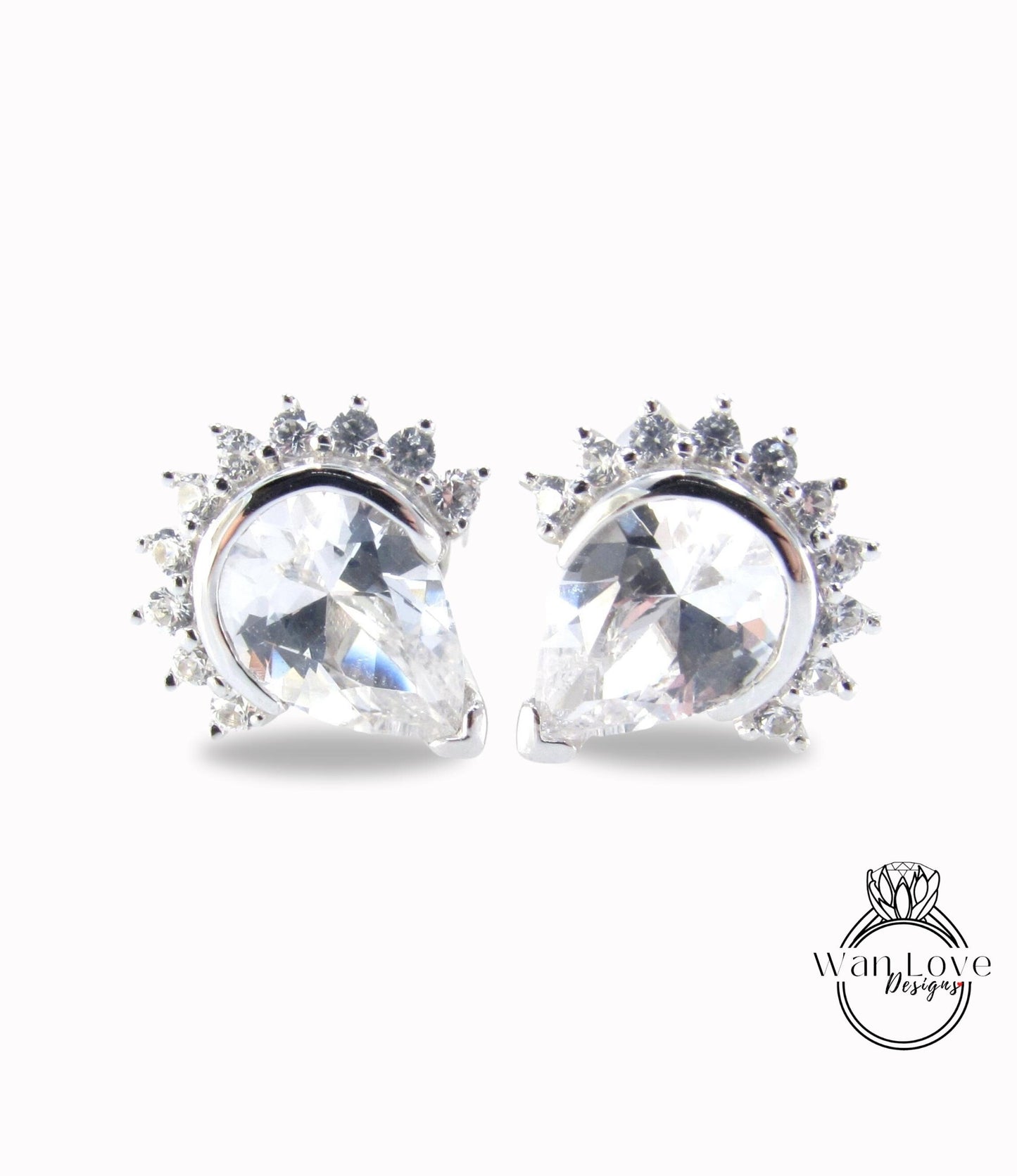 White Sapphire Semi Bezel Pear Crown Half Halo Stud Earrings vintage wedding jewelry white gold art deco earrings pear stud anniversary gift