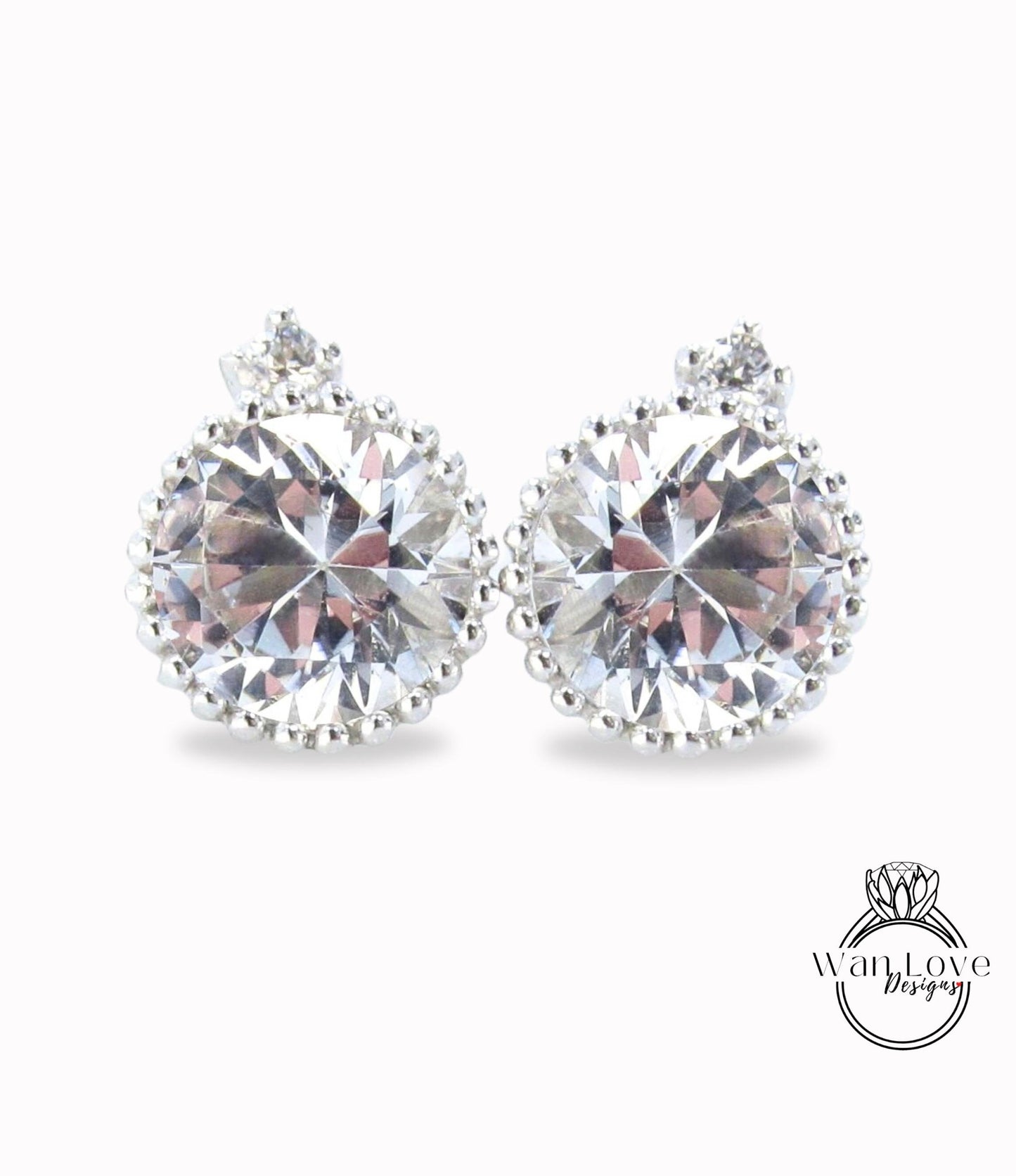 White Sapphire Earrings Milgrain Bezel Set Studs Push back Round cut 1ct each 2cttw 6mm White gold Custom Anniversary Gift Ready to Ship