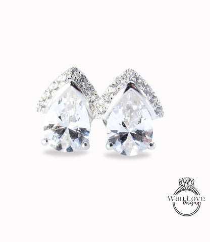 White Sapphire Pear Semi Bezel Halo Stud Earrings art deco 2ct pear halo stud earrings white gold sapphire Wedding Anniversary Gift Ready