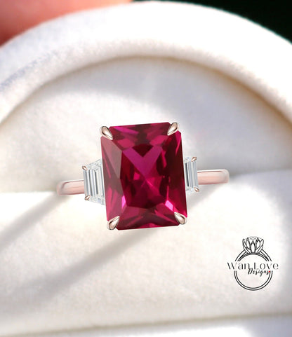 Ruby Moissanite Engagement Ring Emerald cut 14K/18K rose gold ring vintage trapezoid art deco ring wedding Bridal Anniversary gift