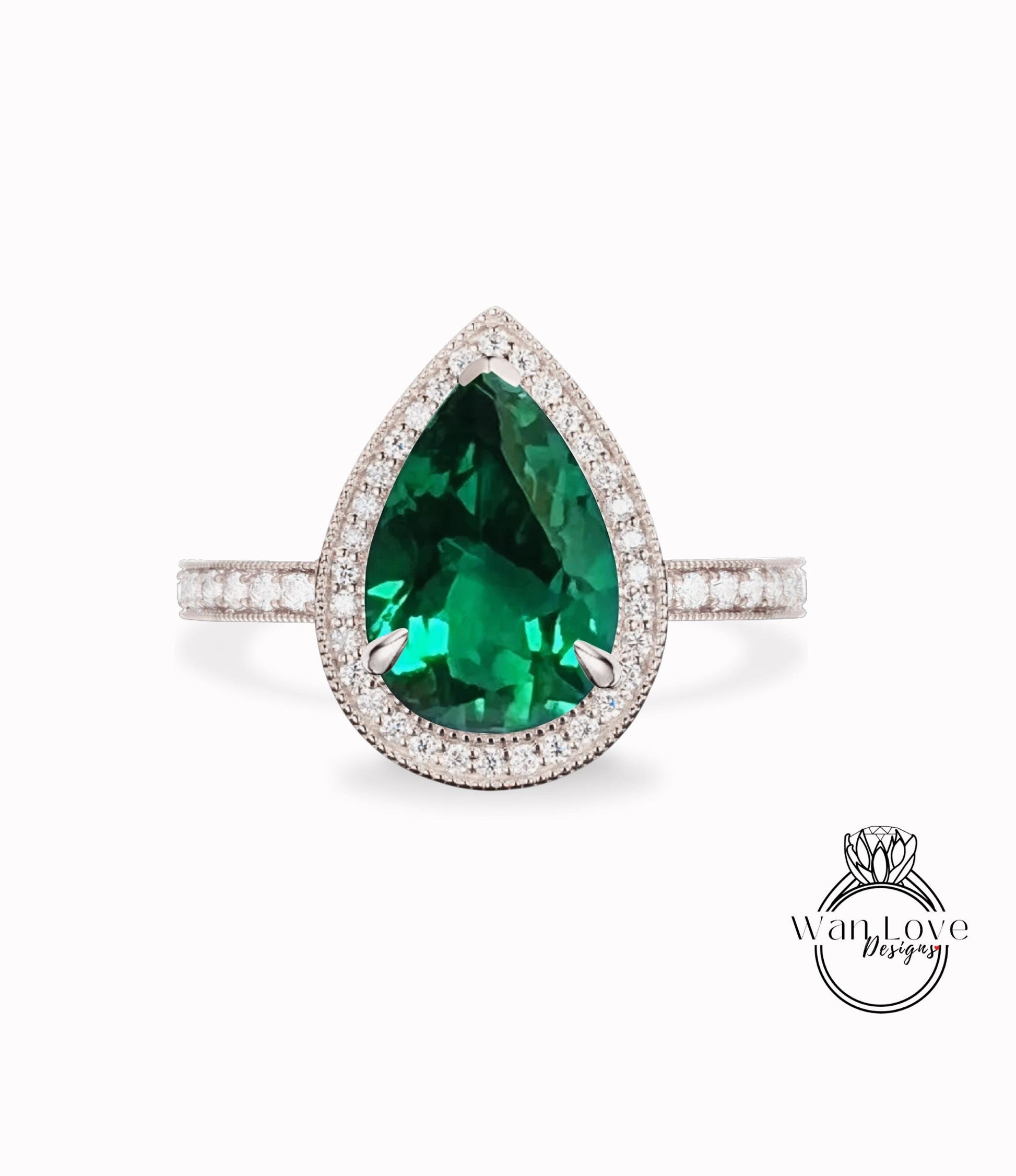 Vintage engagement ring Emerald ring rose gold Pear cut diamond ring milgrain halo art deco ring wedding Anniversary ring bridal ring