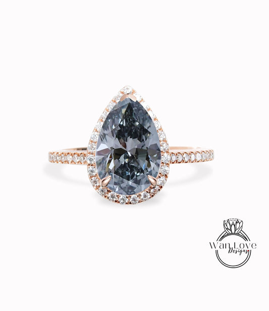 Vintage Pear shaped Gray Moissanite Engagement Ring, Pear Cut 14k Rose Gold Diamond Halo Ring, Wedding Ring Anniversary Ring Proposal Ring.