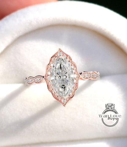 Vintage Marquise cut diamond halo engagement ring scalloped lab diamond halo ring rose gold ring art deco ring promise ring anniversary gift