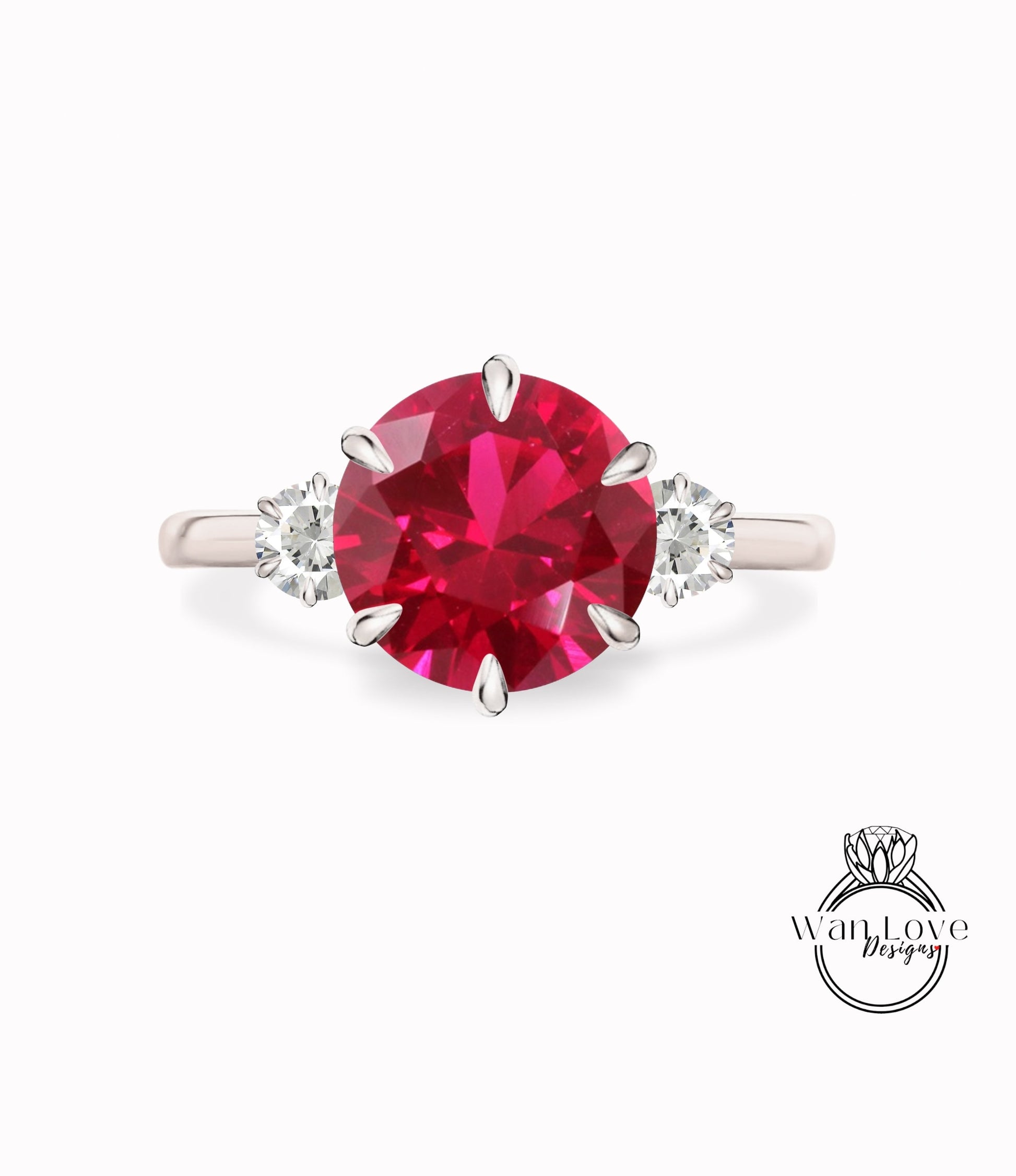 Vintage Round cut Ruby engagement ring rose gold ring diamond 6 prong ring trellis three gem stone ring anniversary promise bridal ring