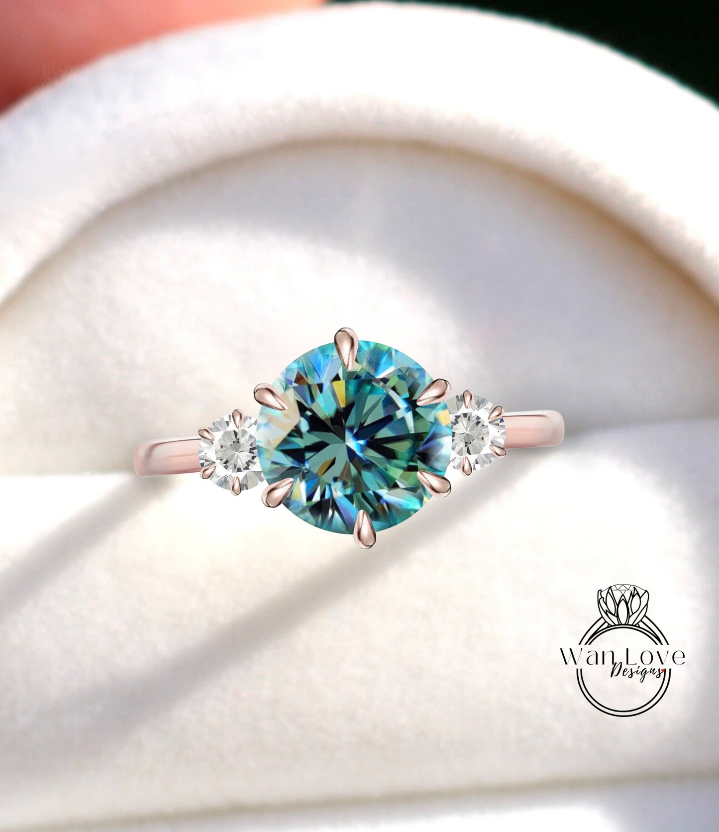 Vintage Round cut Blue moissanite engagement ring rose gold ring 6 prong ring trellis three gem stone ring anniversary promise bridal ring