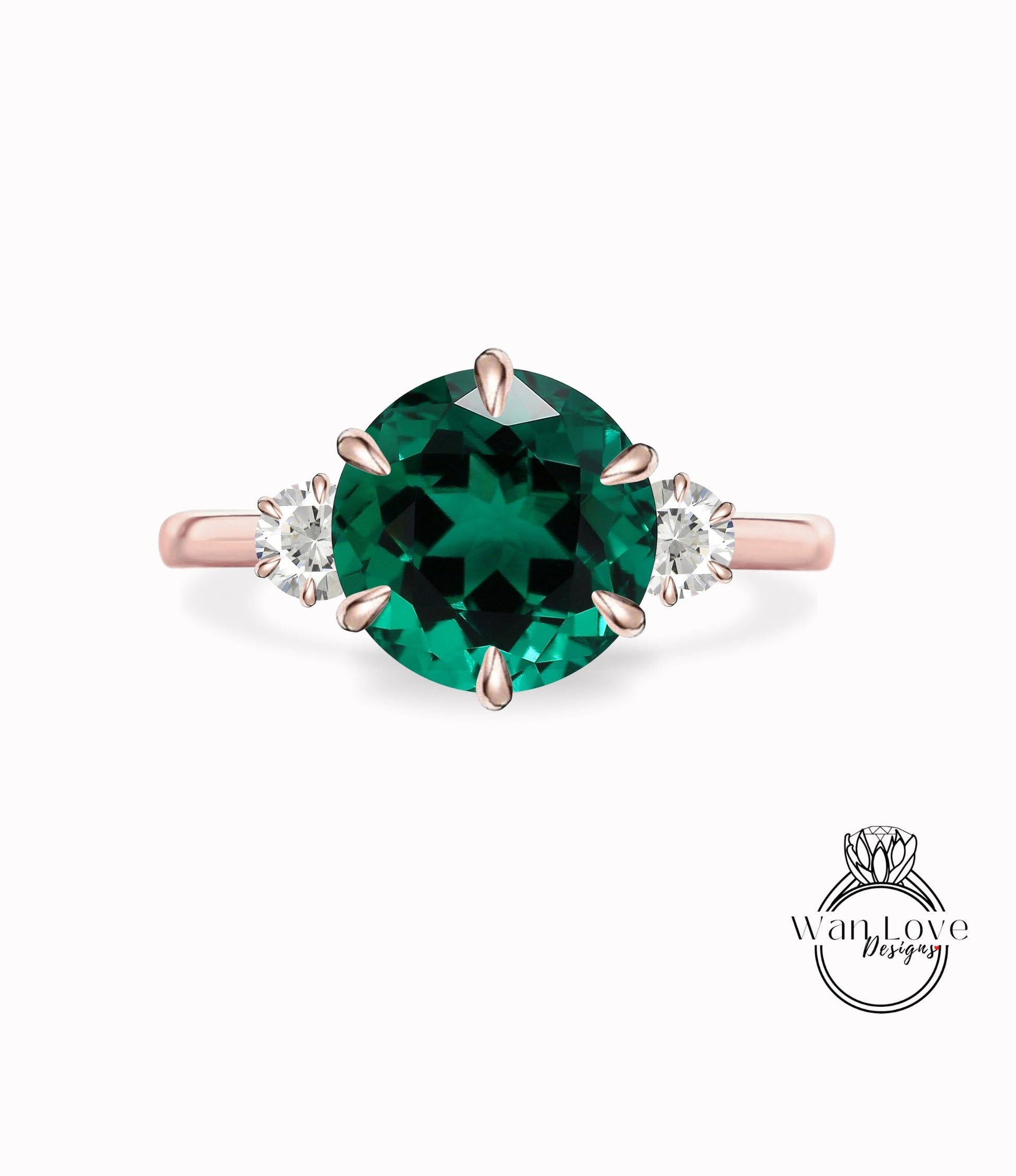 Vintage Round cut Emerald engagement ring rose gold ring 6 prong ring trellis three gem stone ring anniversary promise bridal ring