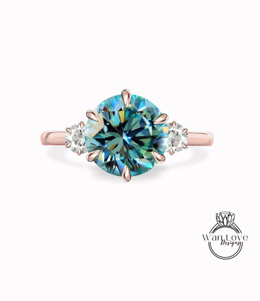 Vintage Round cut Blue moissanite engagement ring rose gold ring 6 prong ring trellis three gem stone ring anniversary promise bridal ring