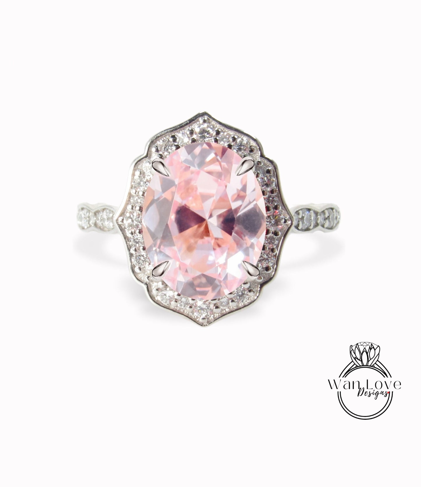 Oval shaped Peach Sapphire engagement ring diamond halo ring moissanite scalloped ring unique vintage ring rose gold ring anniversary ring