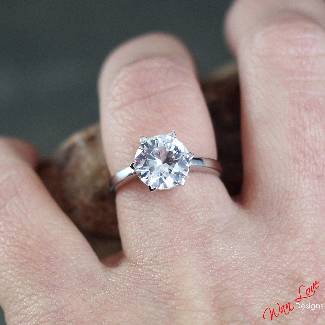 White Sapphire Solitaire Engagement Ring, 6 V prongs, Round cut, 3ct, 9mm, Silver Rhodium-Wedding-Anniversary Gift-Ready to Ship