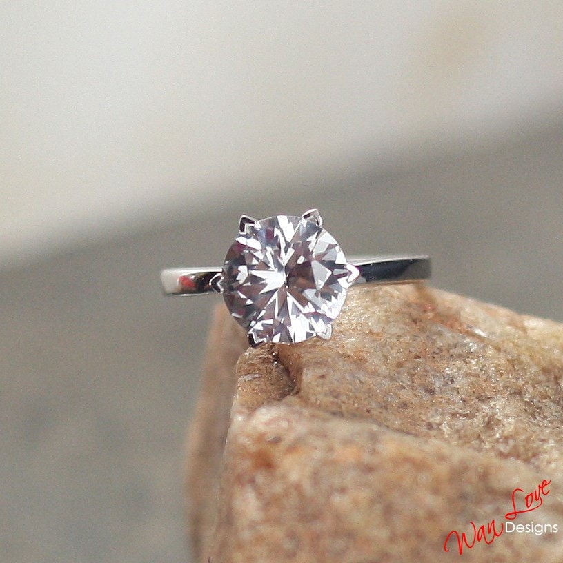White Sapphire Solitaire Engagement Ring, 6 V prongs, Round cut, 3ct, 9mm, Silver Rhodium-Wedding-Anniversary Gift-Ready to Ship