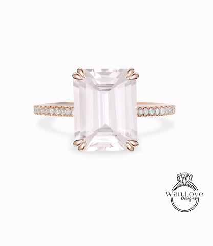 Light Pink Sapphire Engagement Ring Rose gold Emerald cut engagement ring half eternity diamond wedding Bridal ring prong promise Aniversary