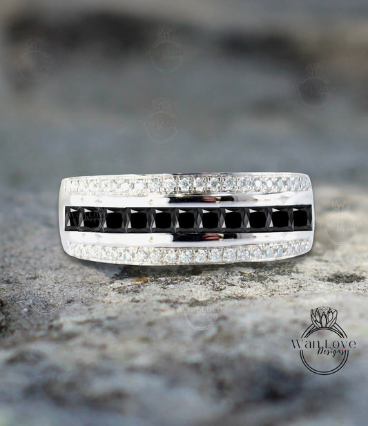 Princess cut Black Spinel and Diamond Men Ring in 14k White Gold | Black Moissanite Ring | Wedding Ring | Gifts For Him | Diamond Mens Rings Wan Love Designs