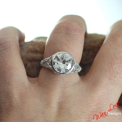 White Sapphire Solitaire Engagement Ring, Antique Filigree, Round, Silver Rhodium, 5ct, 10mm, 6.5, Wedding, Anniversary Gift, Ready to ship