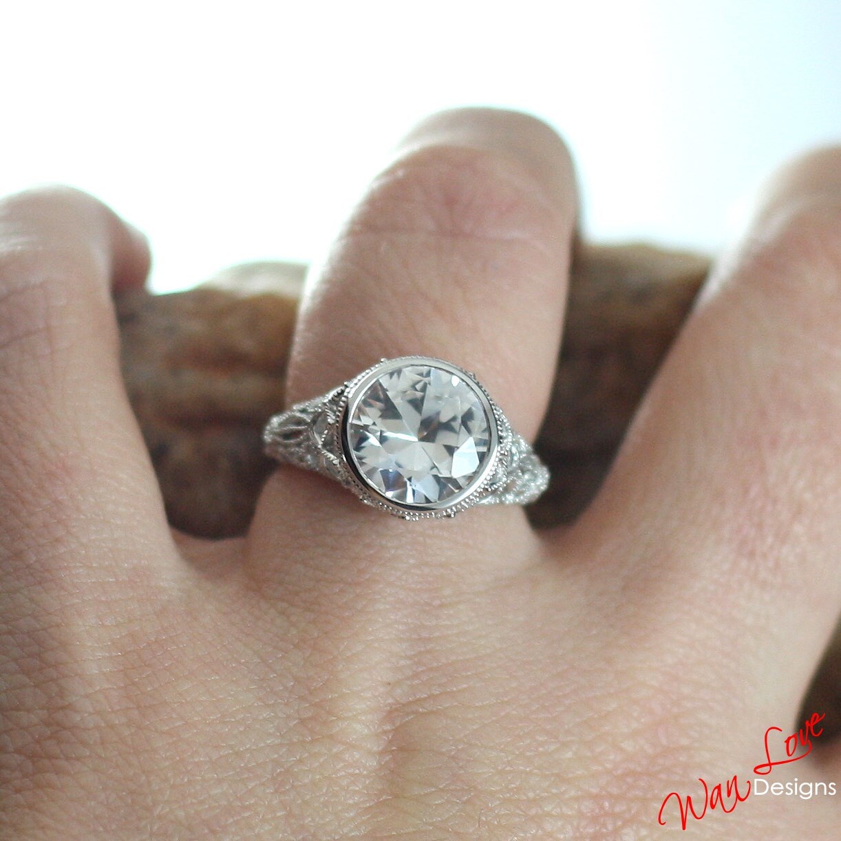 White Sapphire Solitaire Engagement Ring, Antique Filigree, Round, Silver Rhodium, 5ct, 10mm, 6.5, Wedding, Anniversary Gift, Ready to ship