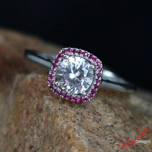 White Sapphire & Ruby Cushion Halo Engagement Ring Plain shank band-Round-1ct-6mm-Wedding-Anniversary Gift-Ready to Ship