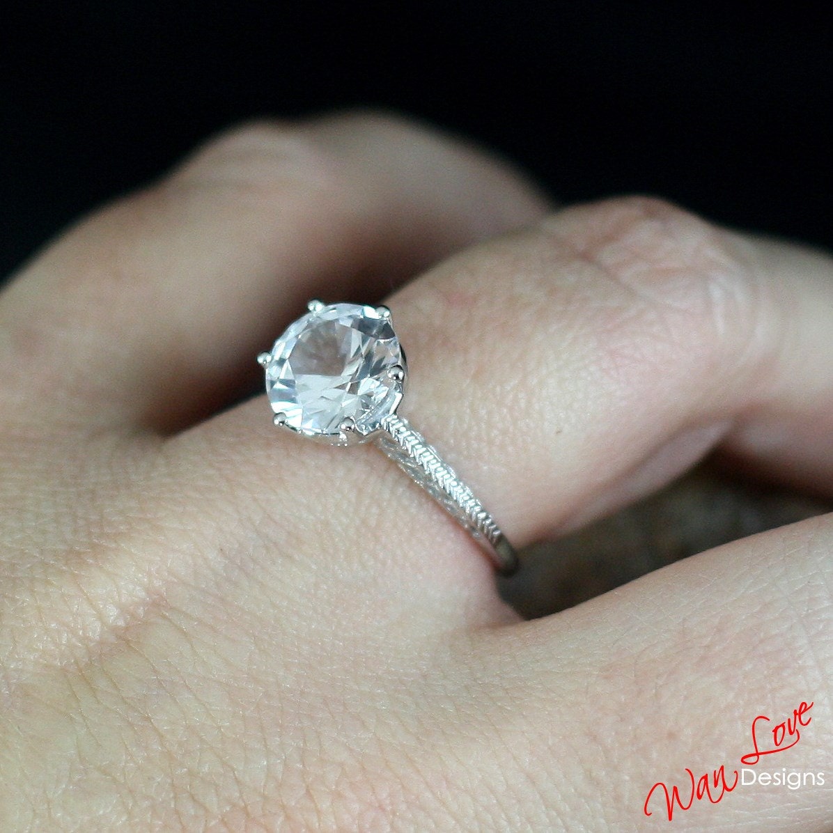 White Topaz Round Engagement Ring, Antique Filigree, Solitaire, 3ct, 9mm, Silver Rhodium, Wedding, Anniversary Gift, Ready to ship
