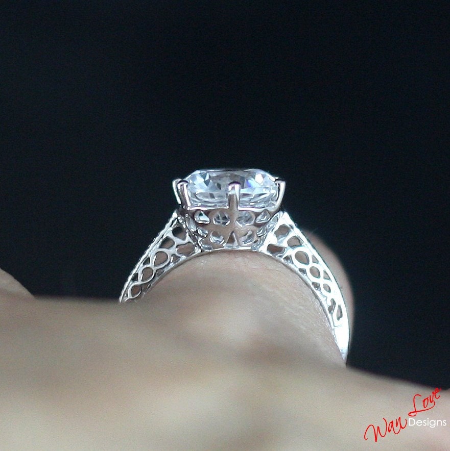 White Topaz Round Engagement Ring, Antique Filigree, Solitaire, 3ct, 9mm, Silver Rhodium, Wedding, Anniversary Gift, Ready to ship